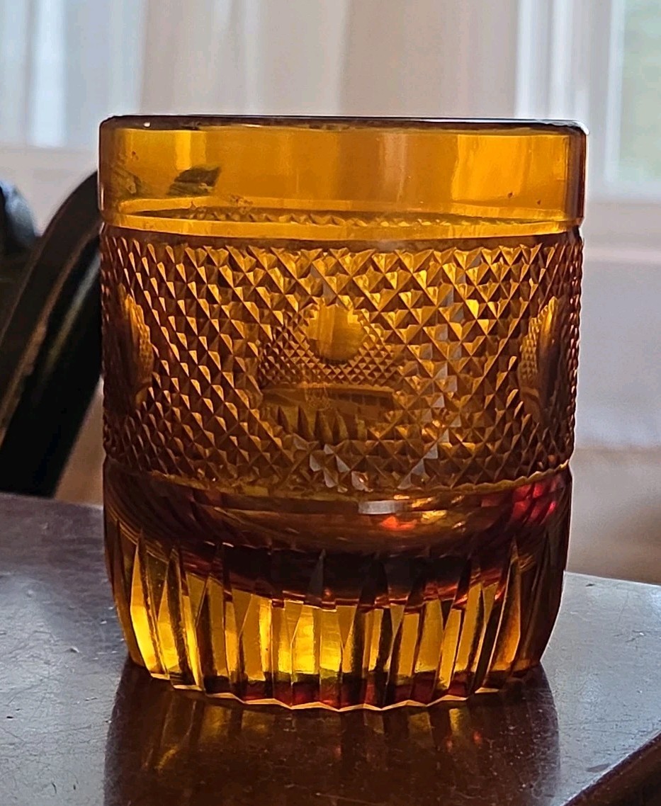 Antique Amber Regency Style Cut Glass Heavy Whiskey Tumbler