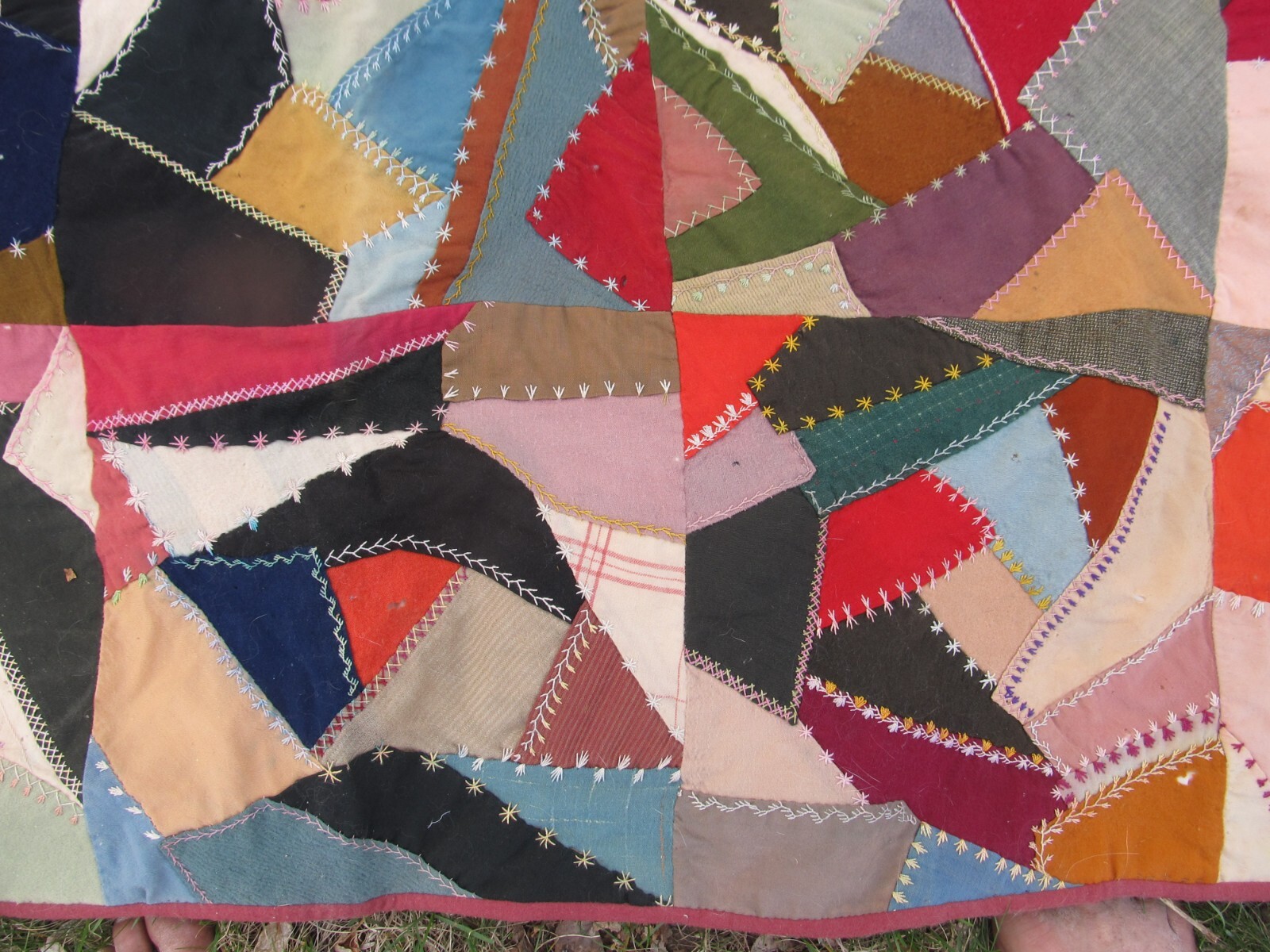 COLORFUL Antique Handmade Patchwork & HIGHLY EMBROIDERED “CRAZY” Quilt, 1890