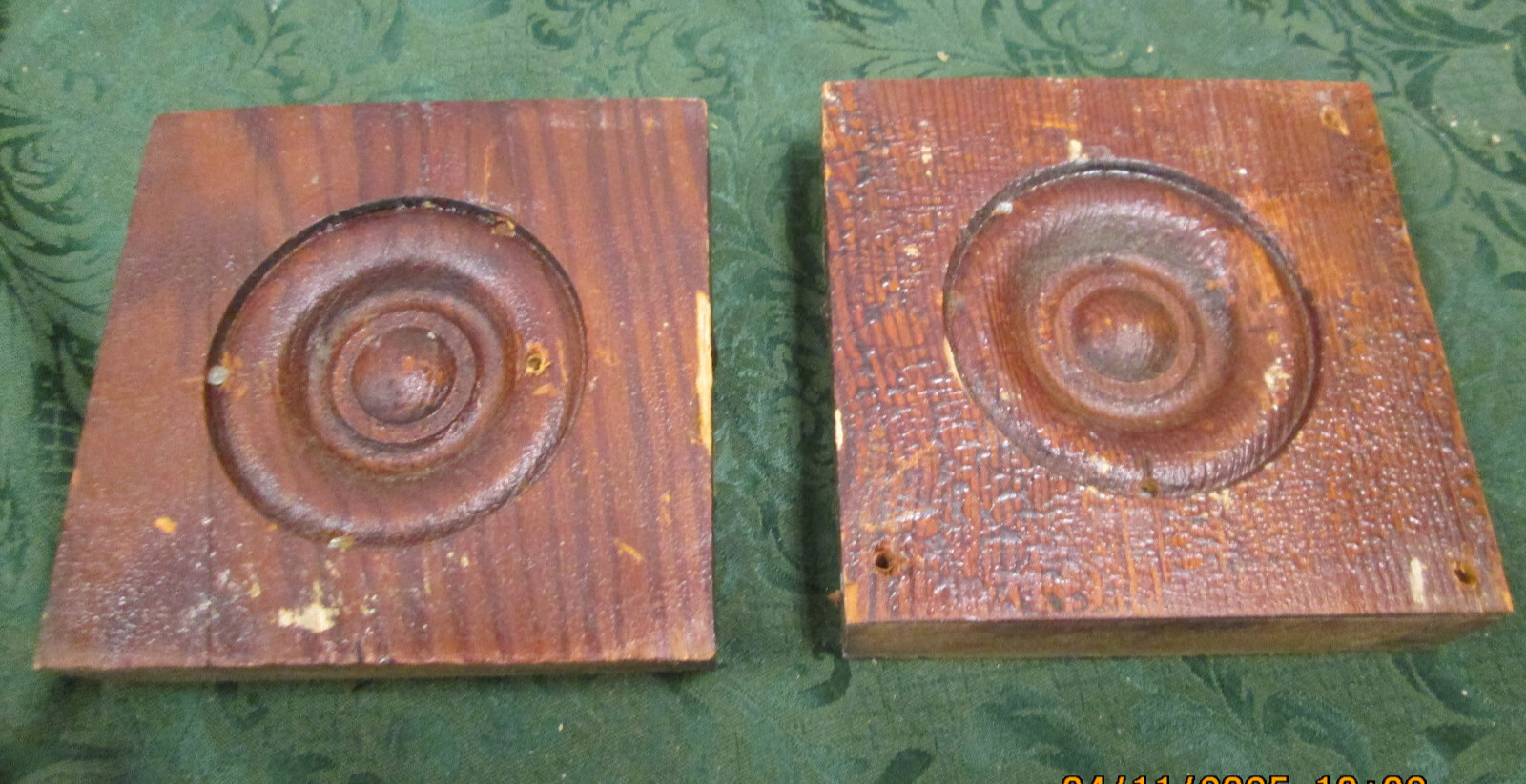 Vintage Pair Stained Bullseye Rosette Corner Blocks 5″ SQ Architectual