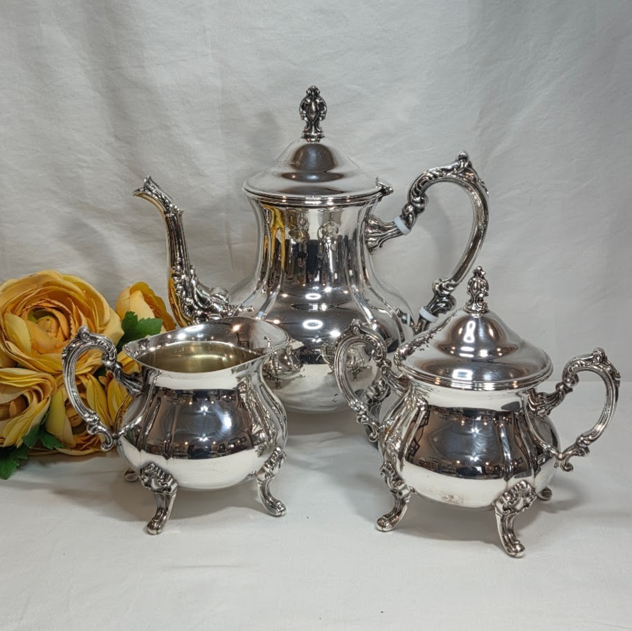 Towle Grand Duchess 3 Piece Silverplate Tea Service Teapot Creamer Sugar Coffee