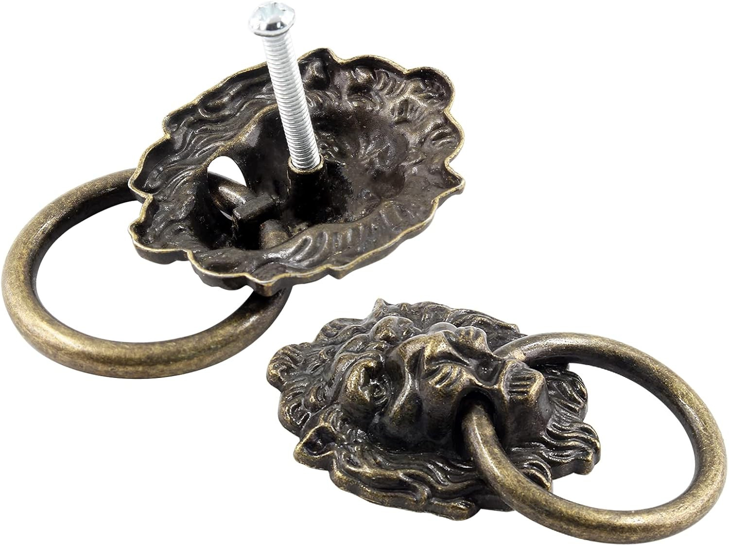 Zorfeter 6 Pcs Lion Head Knobs Pull, Antique Bronze Ring Pull Handles for Dresse