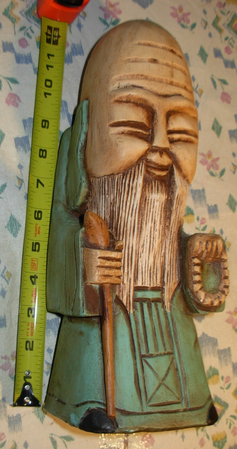 Old 12” Tall Eastern wise Man standing Wood Carved Asian wood art green Bank