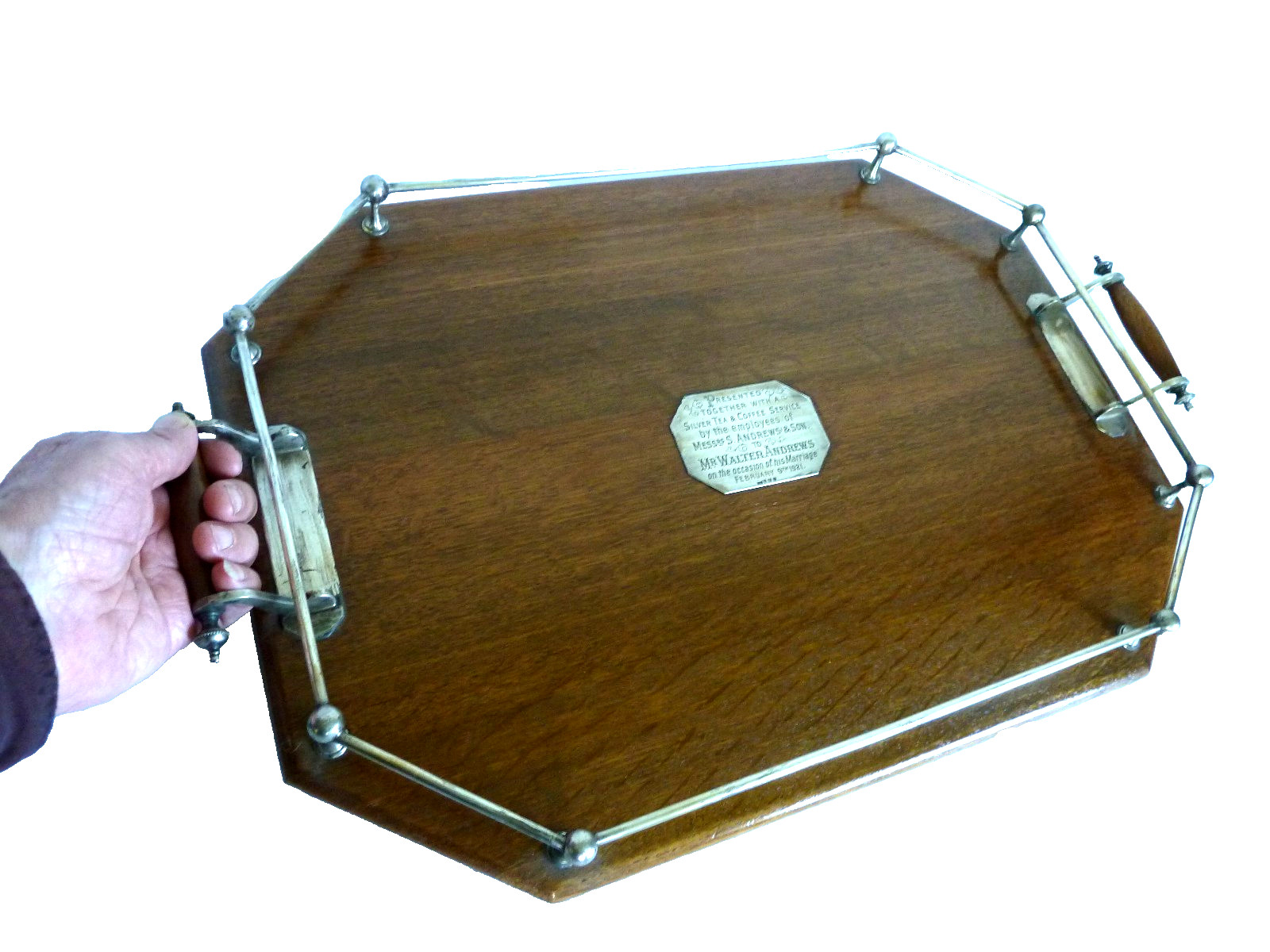 Stylish Silver Plate Oak Rectangular Gallery Tray EPNS Drinks Wooden Antique