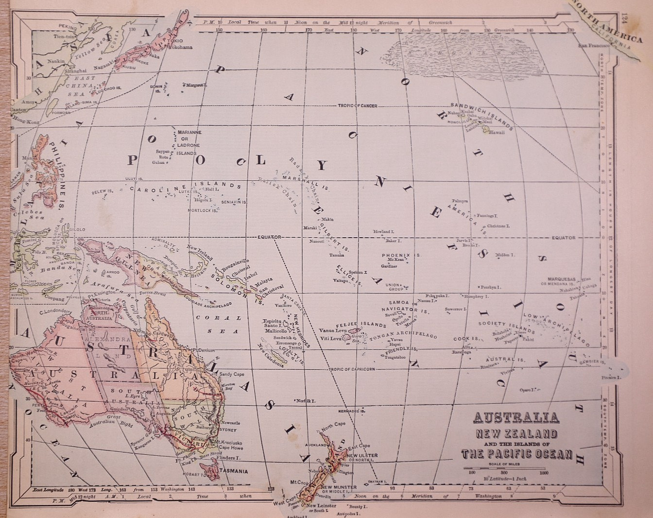 Antique 1890 Map ~ Polynesia – Sandwich Islands, Australia, New Zealand, Cook IS