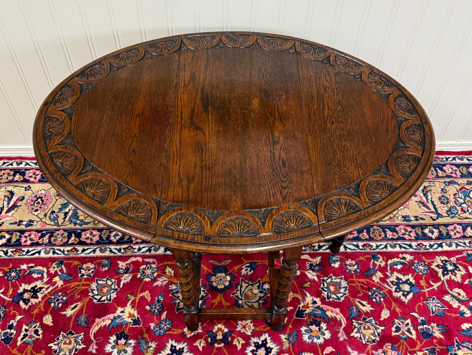 Antique English Table Drop Leaf Gateleg CARVED TOP Barley Twist Oak c. 1920-30s
