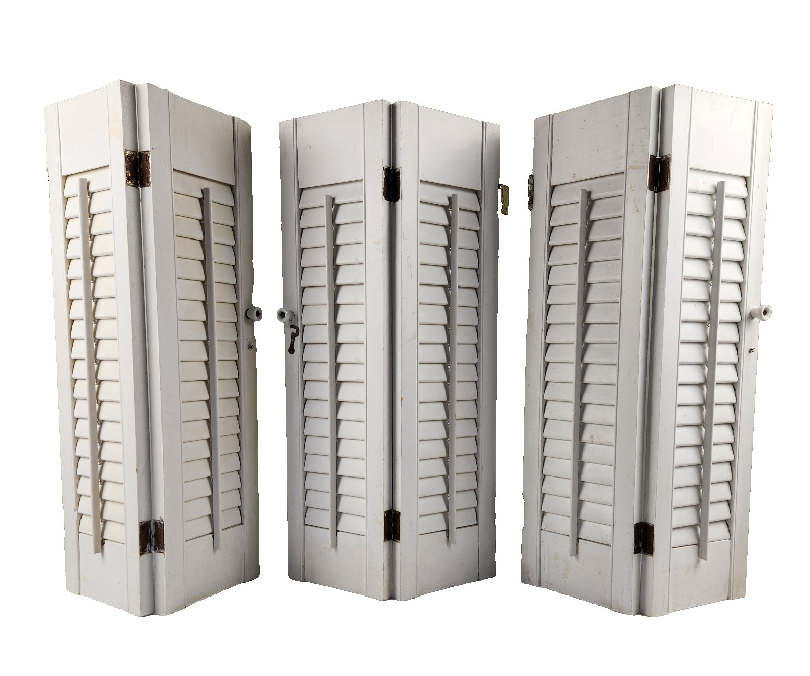 VTG Wood Shutters 3 Pairs White Louvered Indoor Panels Original Hardware 25″X13″