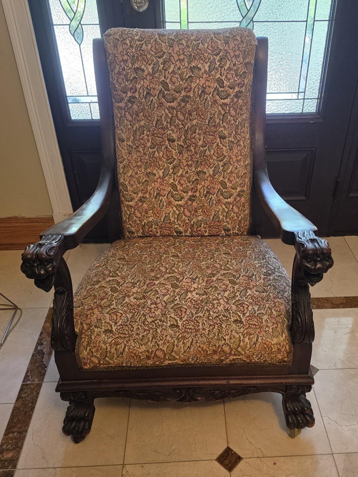 Wooden Armchair Hand Carved Lions Head Arms Upholstered With Casters Wheels