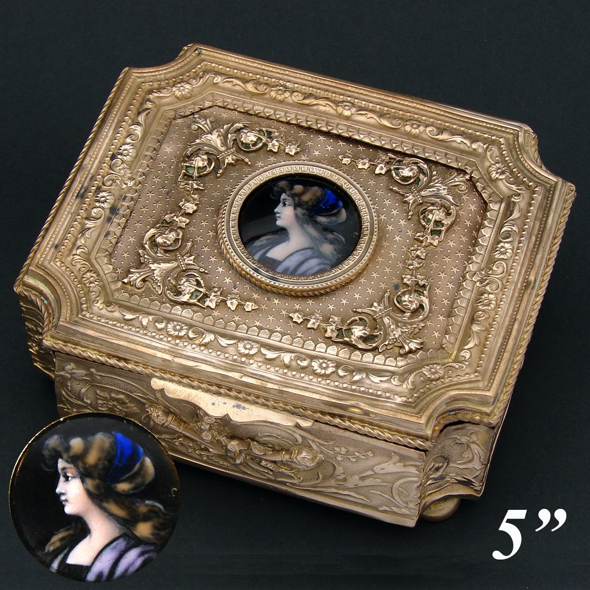 Antique French Empire Revival Jewel Casket Trinket Box, Limoges Enamel Portrait