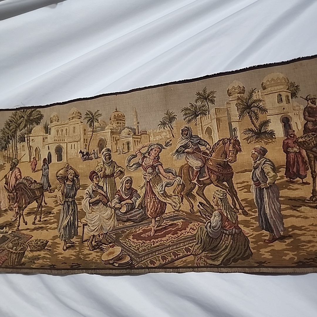 Tapestry Bazaar Scene, Possibly Middle East – 20x56in, Vintage Textile