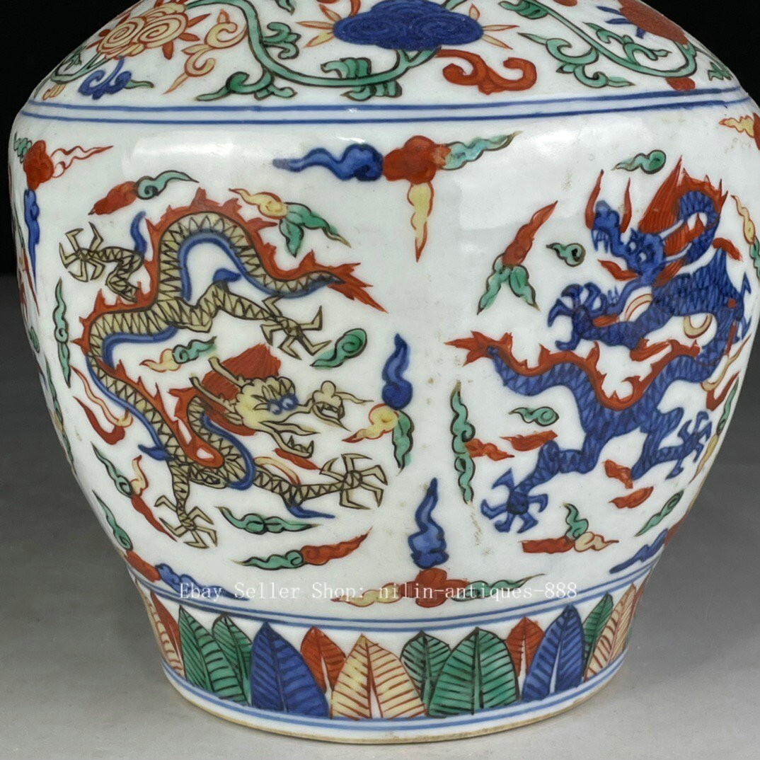 6.8″ DaMing Wanli Year Marked Wucai Porcelain Dragon Beast Totem Jar Pot Crock