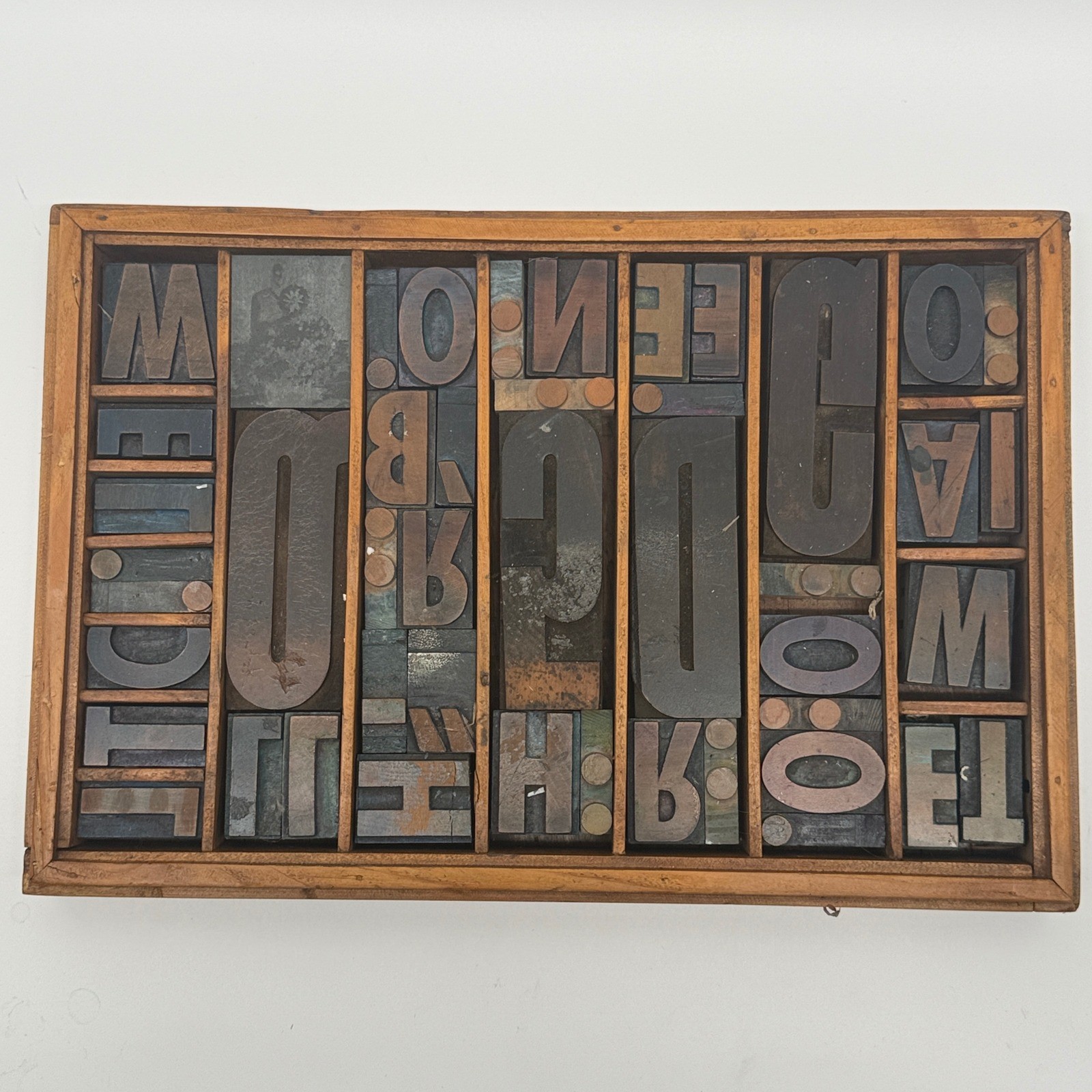Vintage Letterpress Wood Metal Printing Blocks Alphabet Set in Wooden Tray Case
