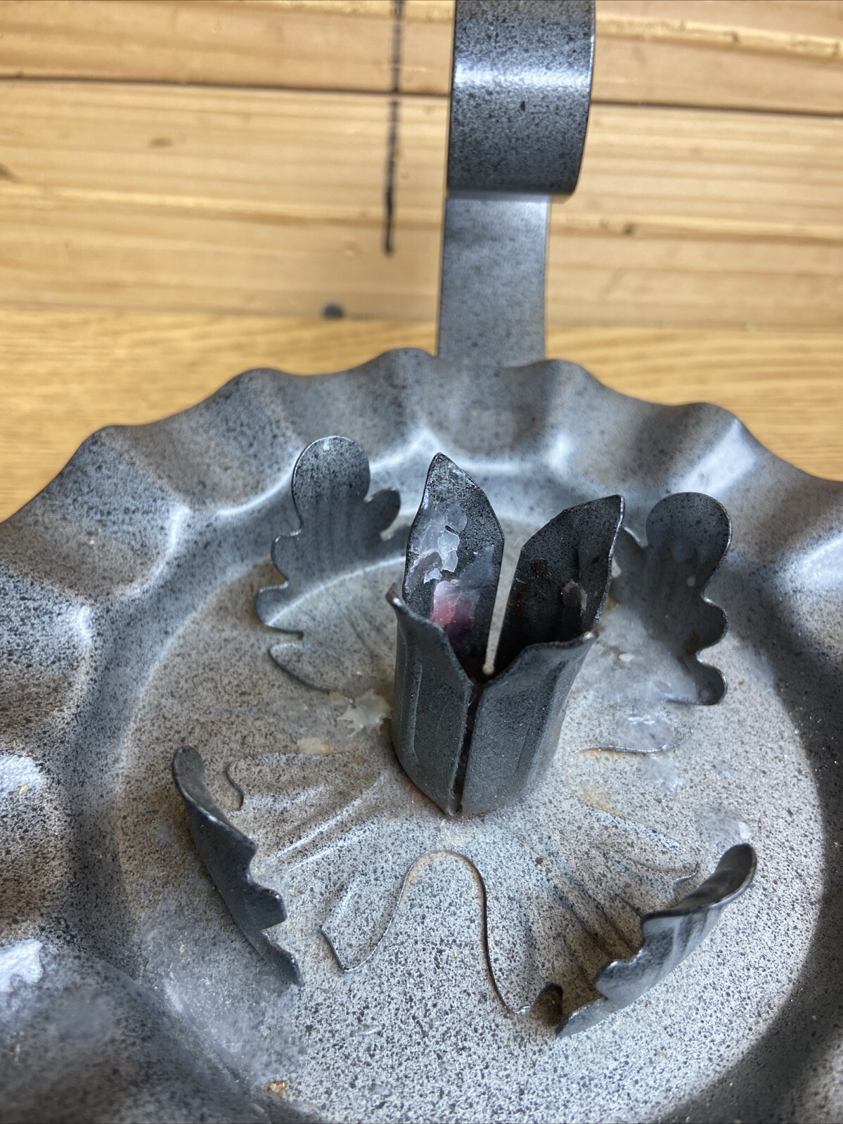 VINTAGE PUNCHED TIN 7″ CANDLE HOLDER W/ FINGER LOOP & STAR PATTERN