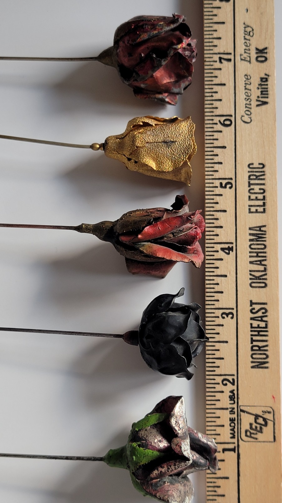 5 ROSE HATPINS Delamothe, Black DEPOSE Metal, Gold Plate w Center Stone & Holder