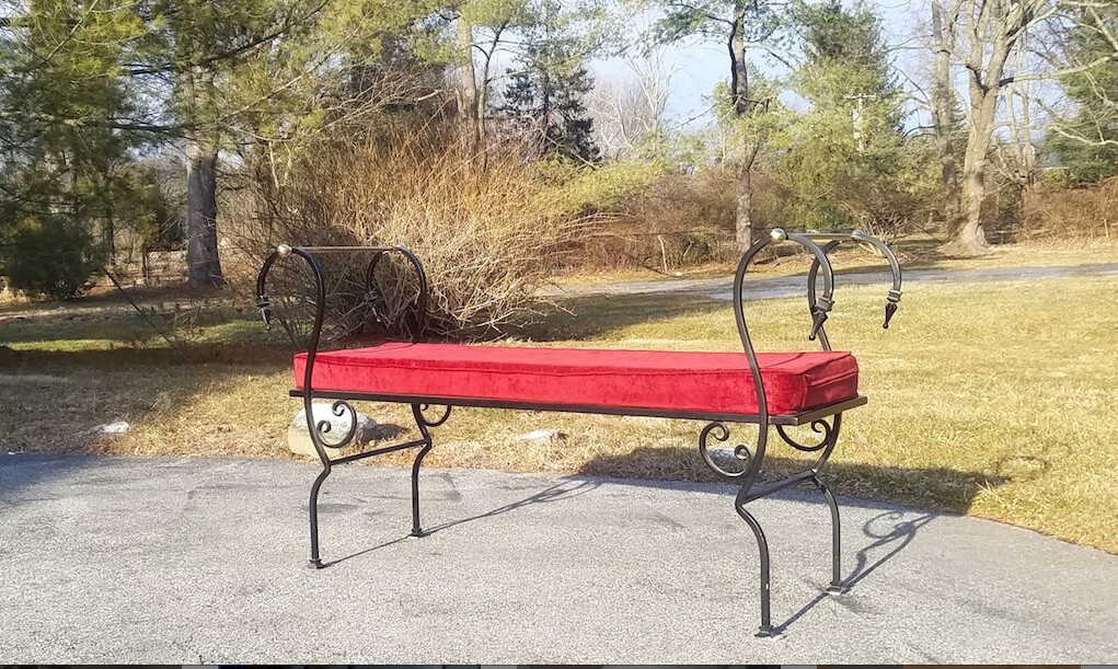 Vintage Mid Century Regency Revival Wrought Iron & Brass Scroll Arm Settee Bench