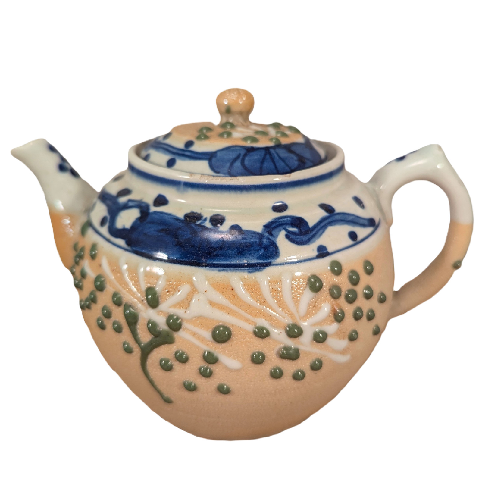 Antique Japanese Aizu-Hongo Teapot Kyusu Blue & White Moriage Sharkskin Glaze