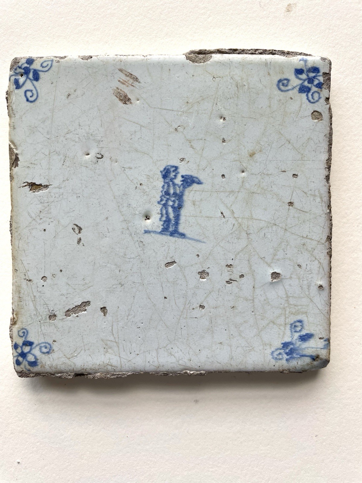 Antique Dutch Delft Tile Boy Holding a Bird? 18th Century