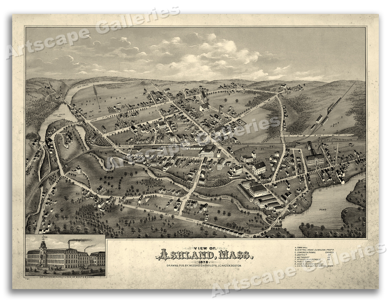 Bird’s Eye View 1878 Ashland Massachusetts Vintage Style City Map – 18×24