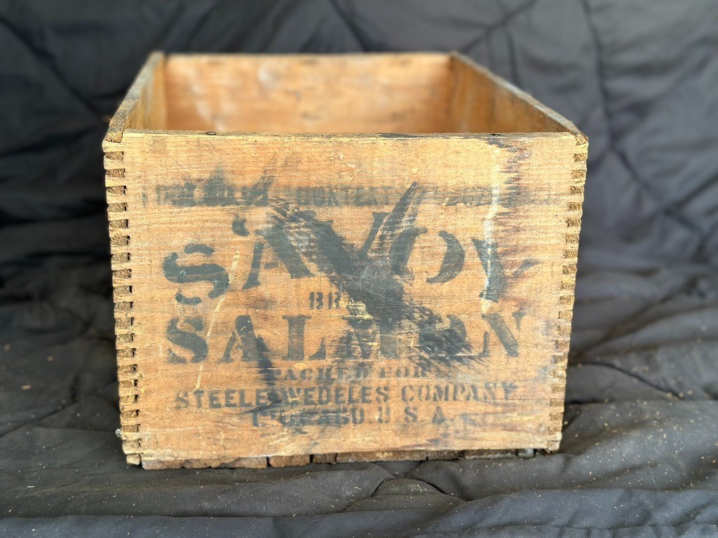 Vintage Savoy Salmon Wood Crate Steele-Wedeles Co Chicago with Shipping Label