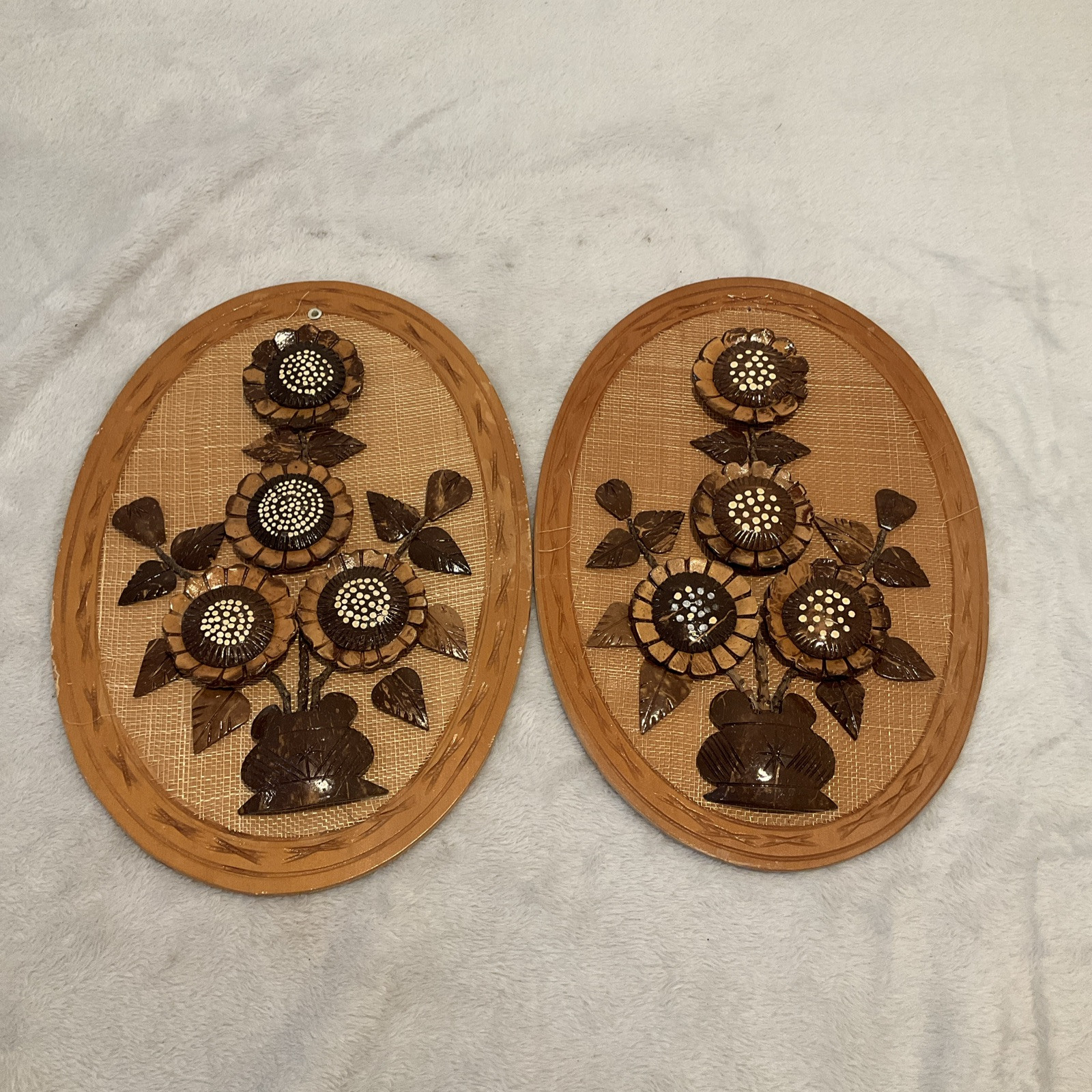2 — Vintage 70’s Handmade Philippines Wood Wall Hanging wooden flowers.