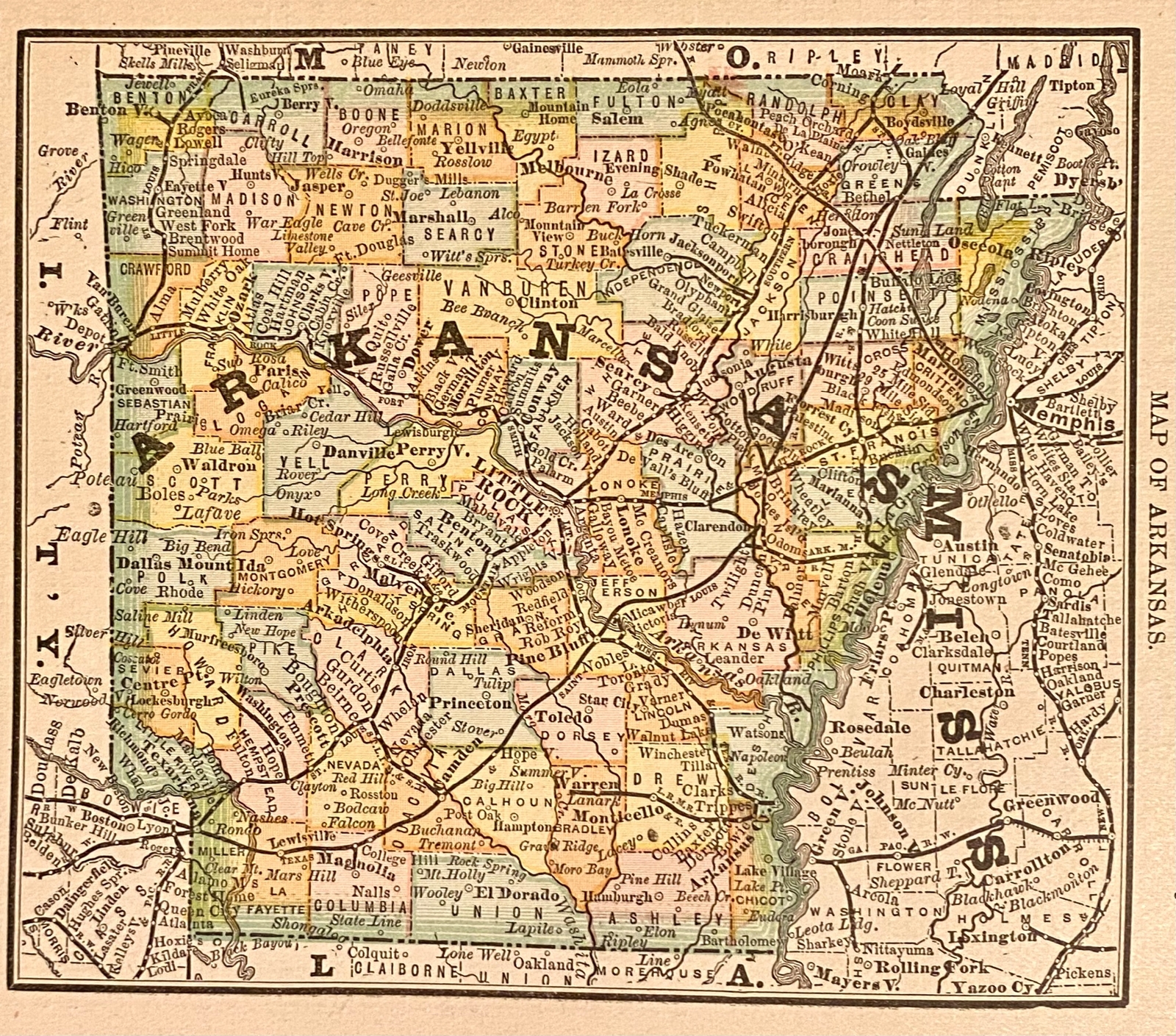 ARKANSAS STATE County Original 1884 Map. Rand, McNally & Co. 5 1/2×4 3/4″ VG-F