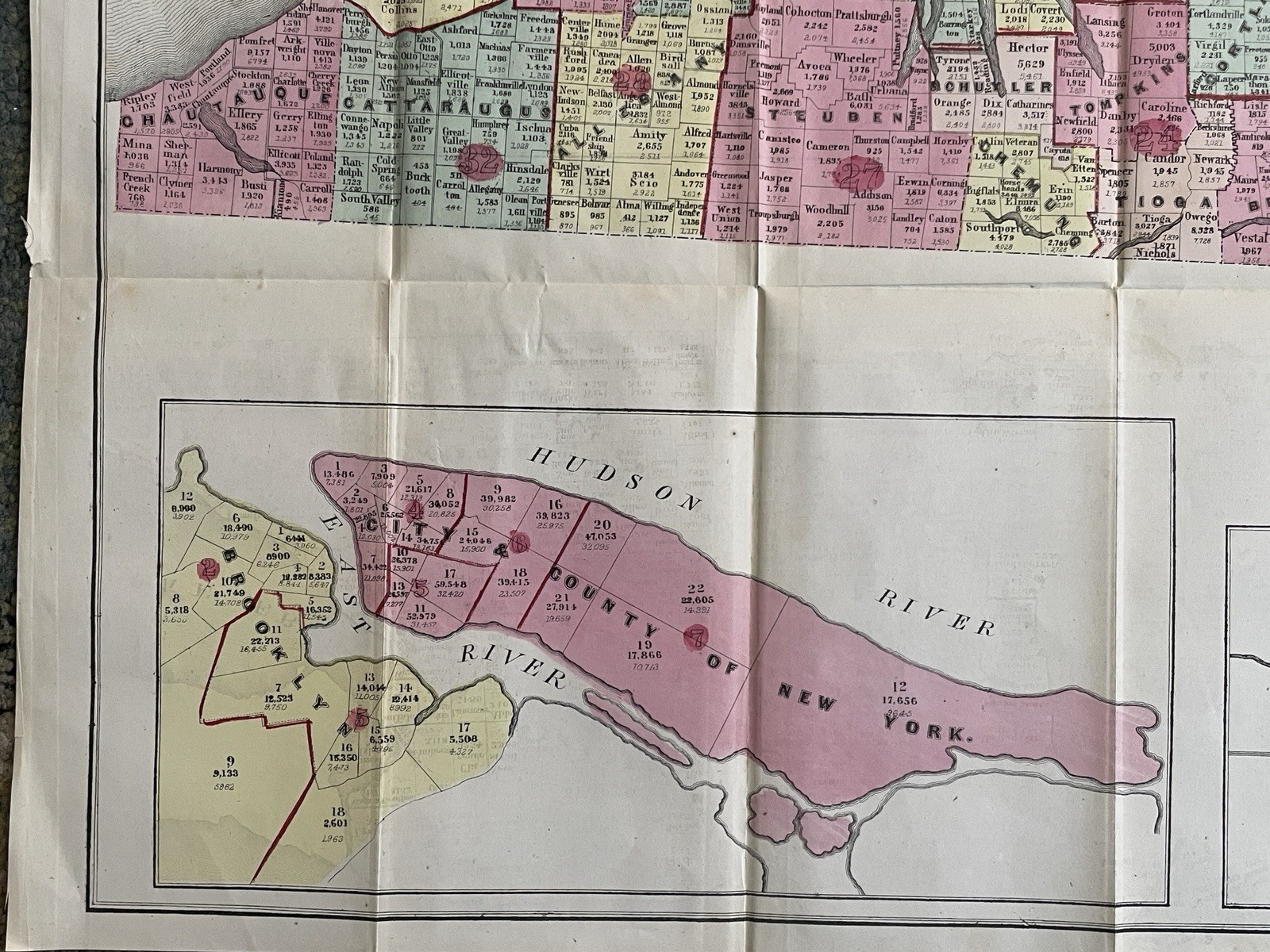 Antique Census Map State of New York Hand Colored D.T. Valentine Lithograph