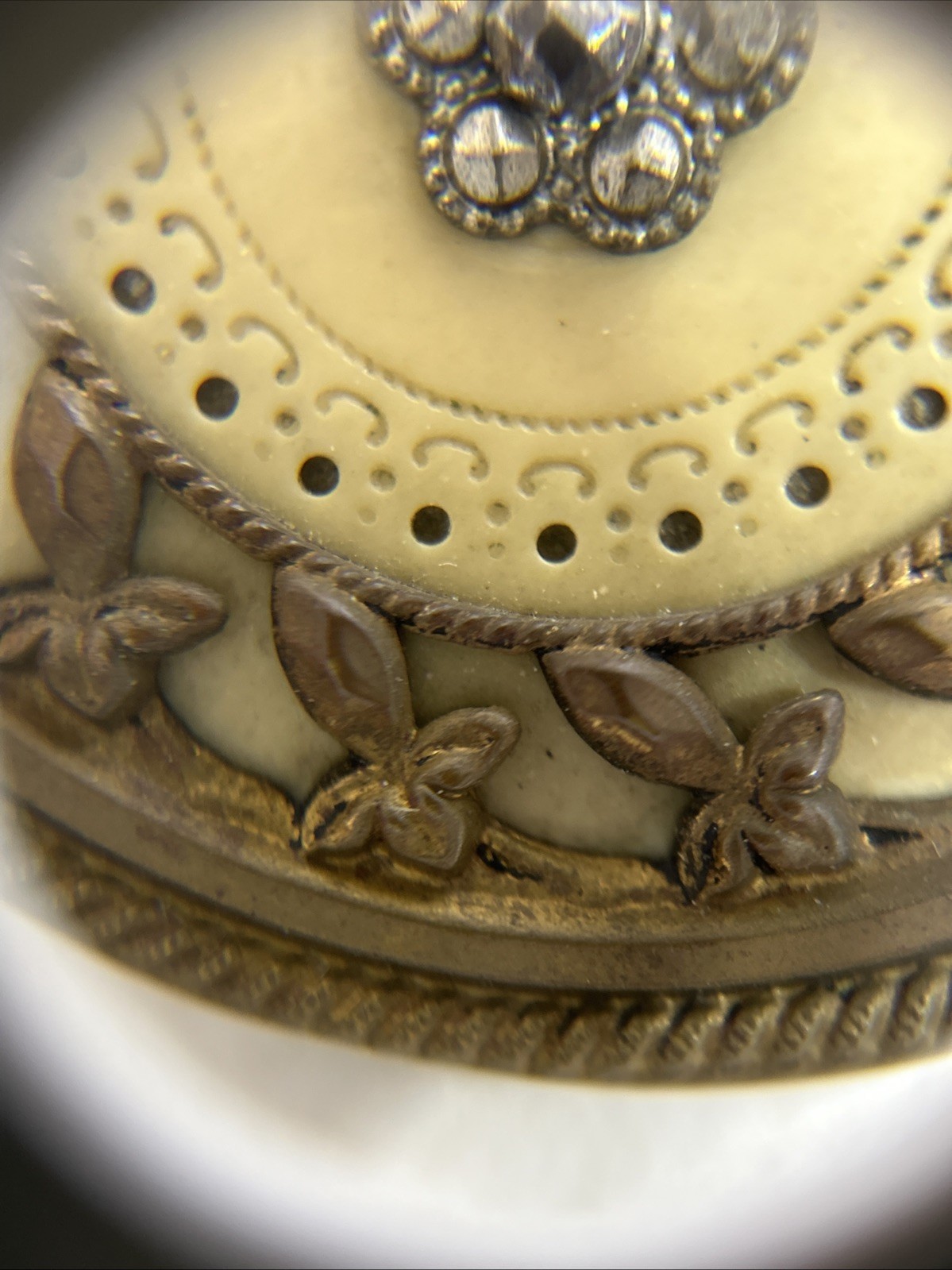 Antique Victorian Metal Celluloid Button Fleur de Lis Cut Steel Centerpiece