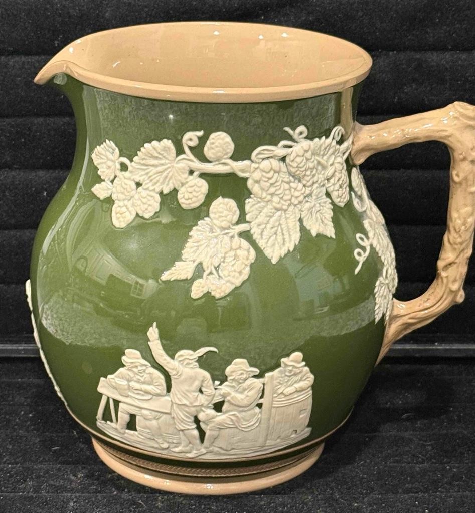 Antique Copeland Late Spode Jasperware Jug, Pitcher, Molded Pub & Band Scene