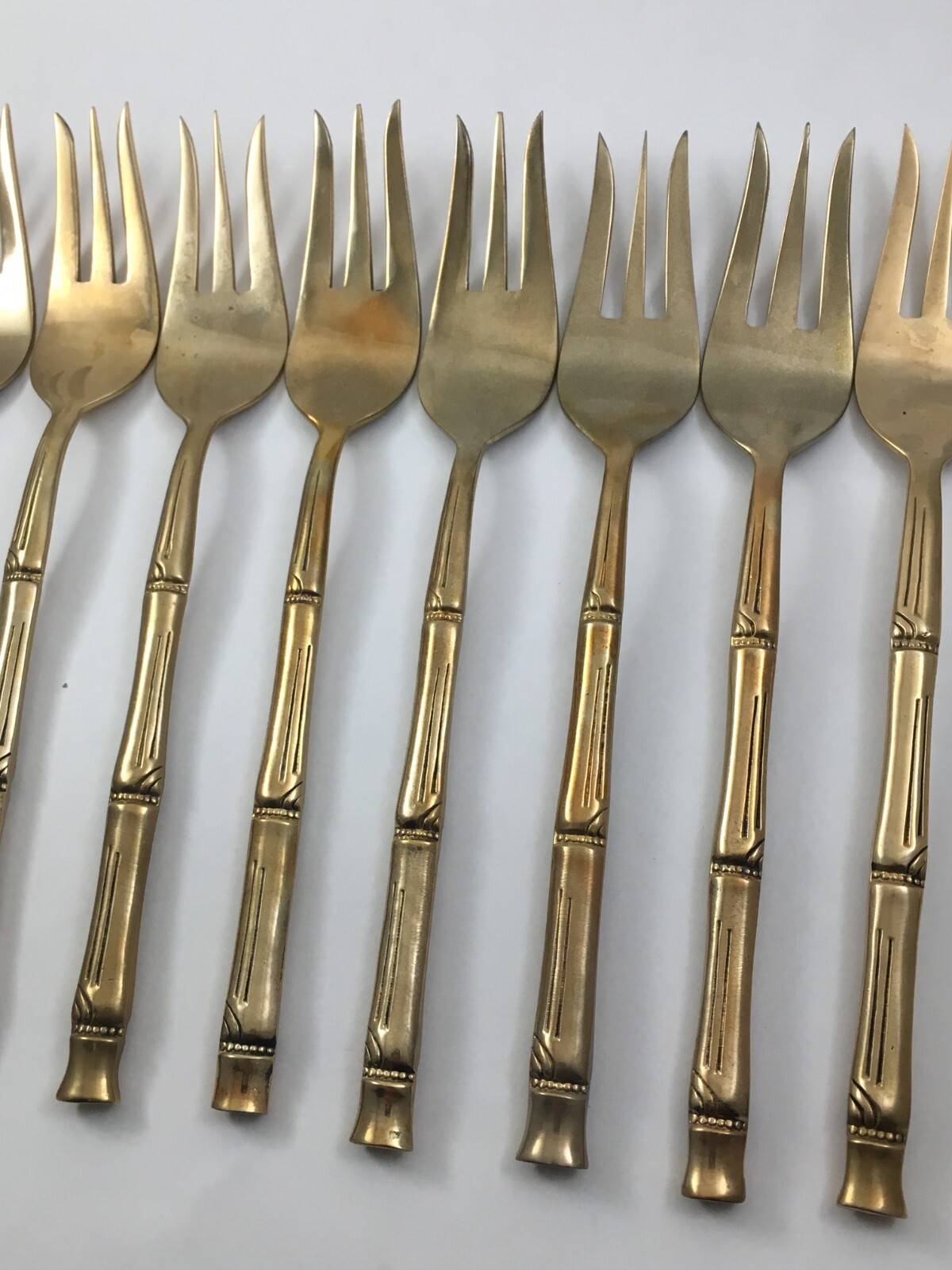Lot of 11 Vintage 3-Tine Forks Thai Gold Bronze Bamboo Flatware