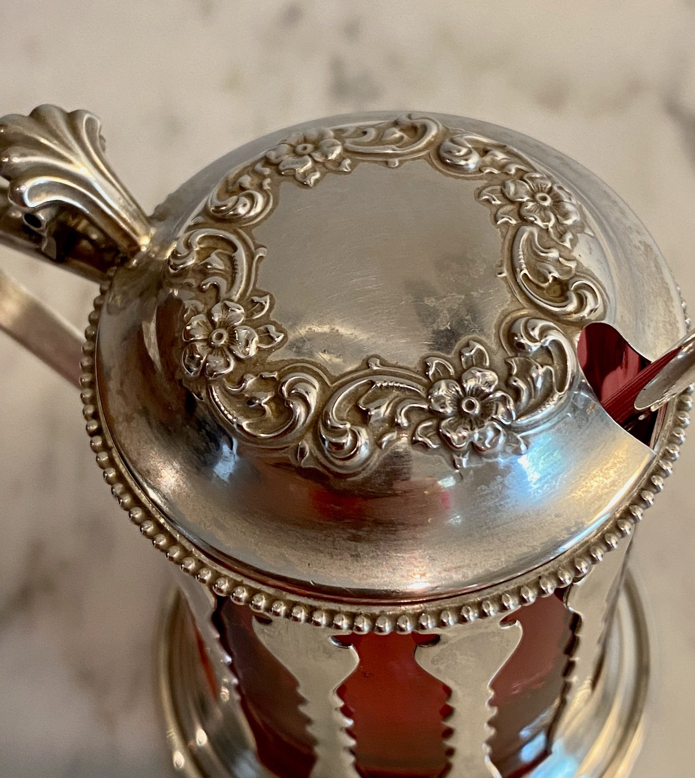 Sterling Silver Victorian Cutwork Mustard Pot Cranberry Liner w/Sterling Spoon
