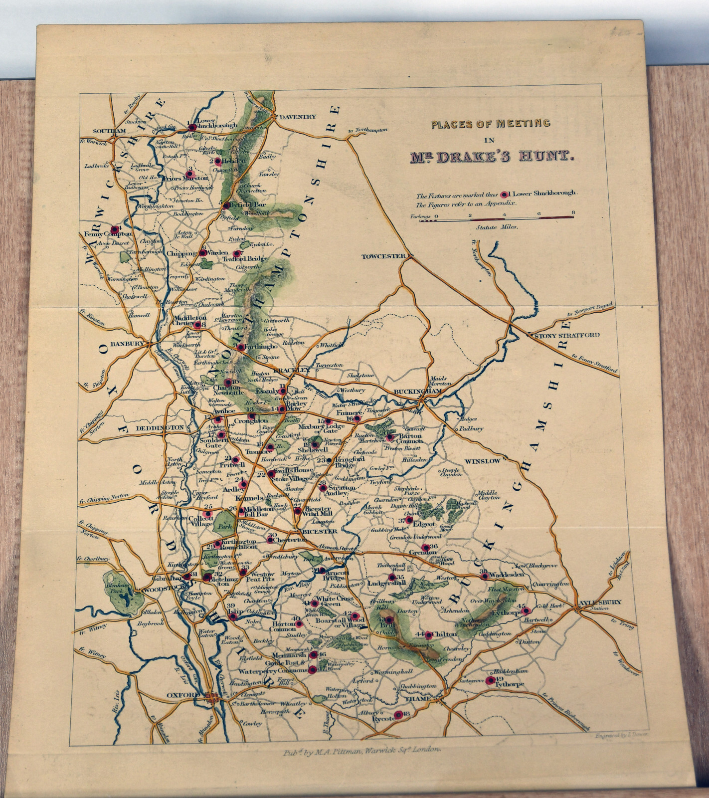 10″ Antique Map Places of Meeting Mr. Drake’s Hunt Buckinghamshire England