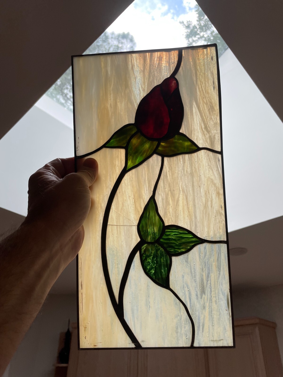 7.5″ x 14.75″ Rosebud Stem Leaded Stain Glass Panel – crack on one pane