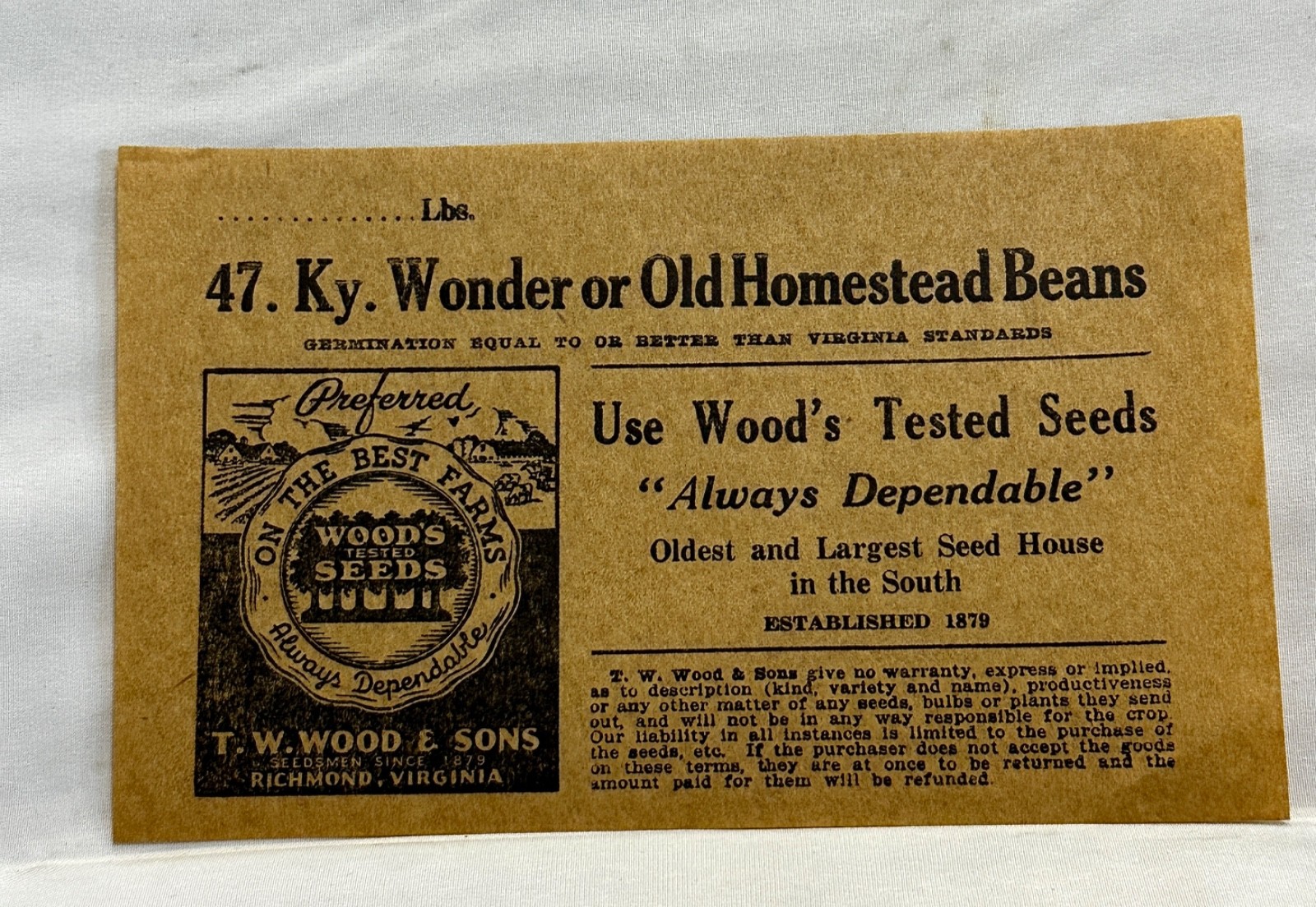 Vintage T.W. Woods & Sons #47 Ky. Wonder or Old Homestead Beans Label, Unused