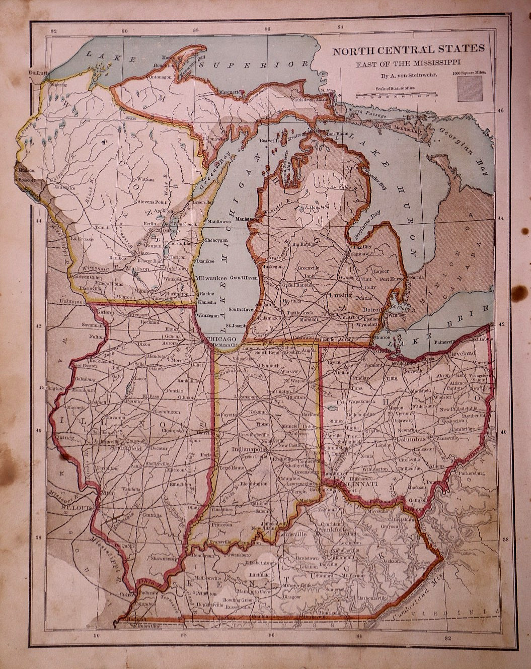 Rare Antique 1877 Map ~ North Central States – Kentucky, Ohio, Indiana, IL WI MI