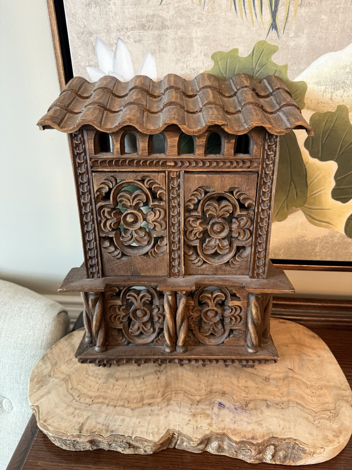 Vintage Hand Carved Wood House Wall Cabinet Folk Art Architectural Decor