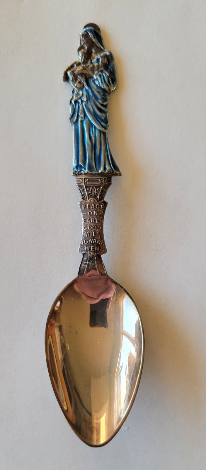 Antique Christmas Painted Mary Baby Jesus Sterling Silver Spoon Holiday Peace