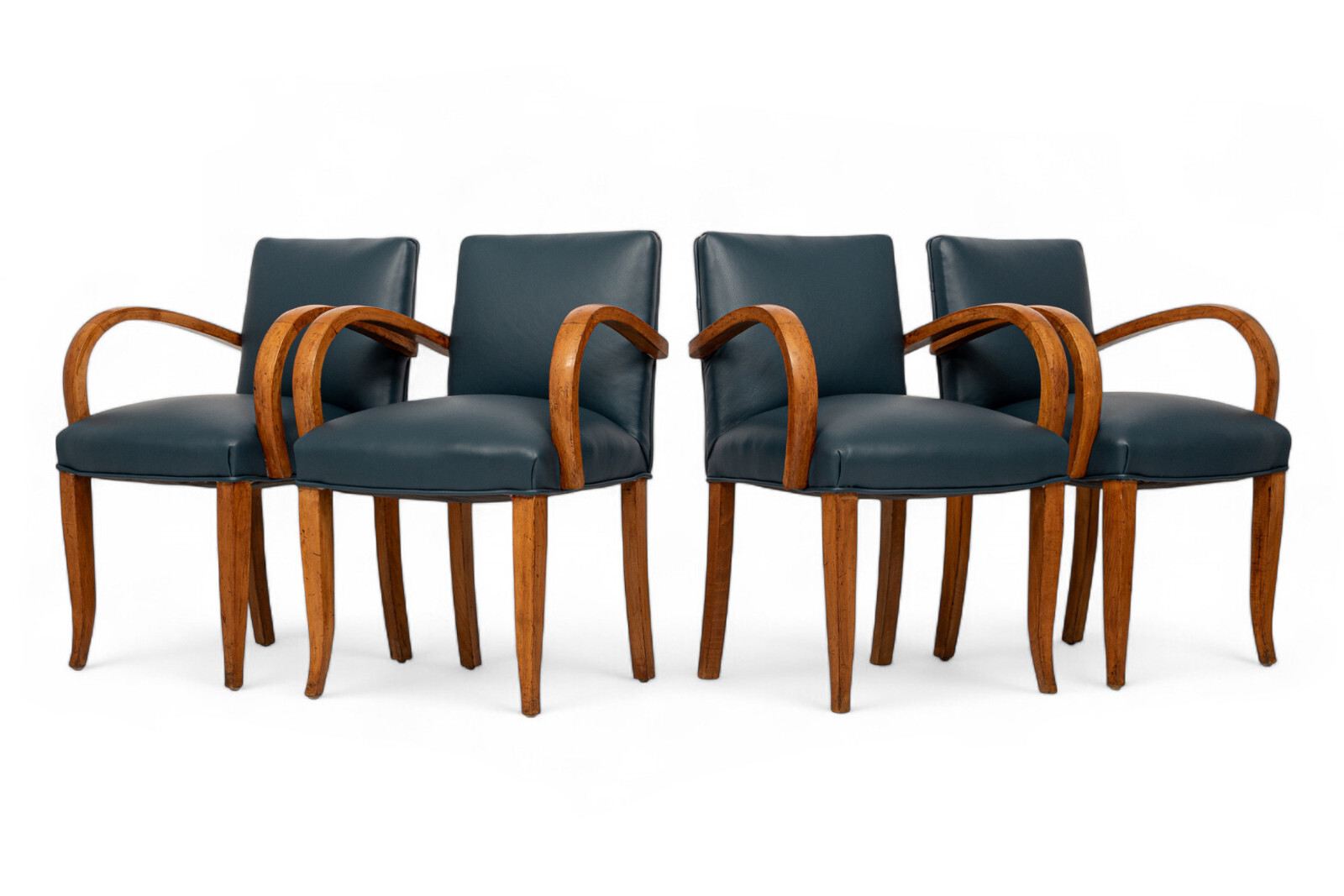 1930s Antique Art Deco Maple Bent Wood and Blue Leather Dining Chairs