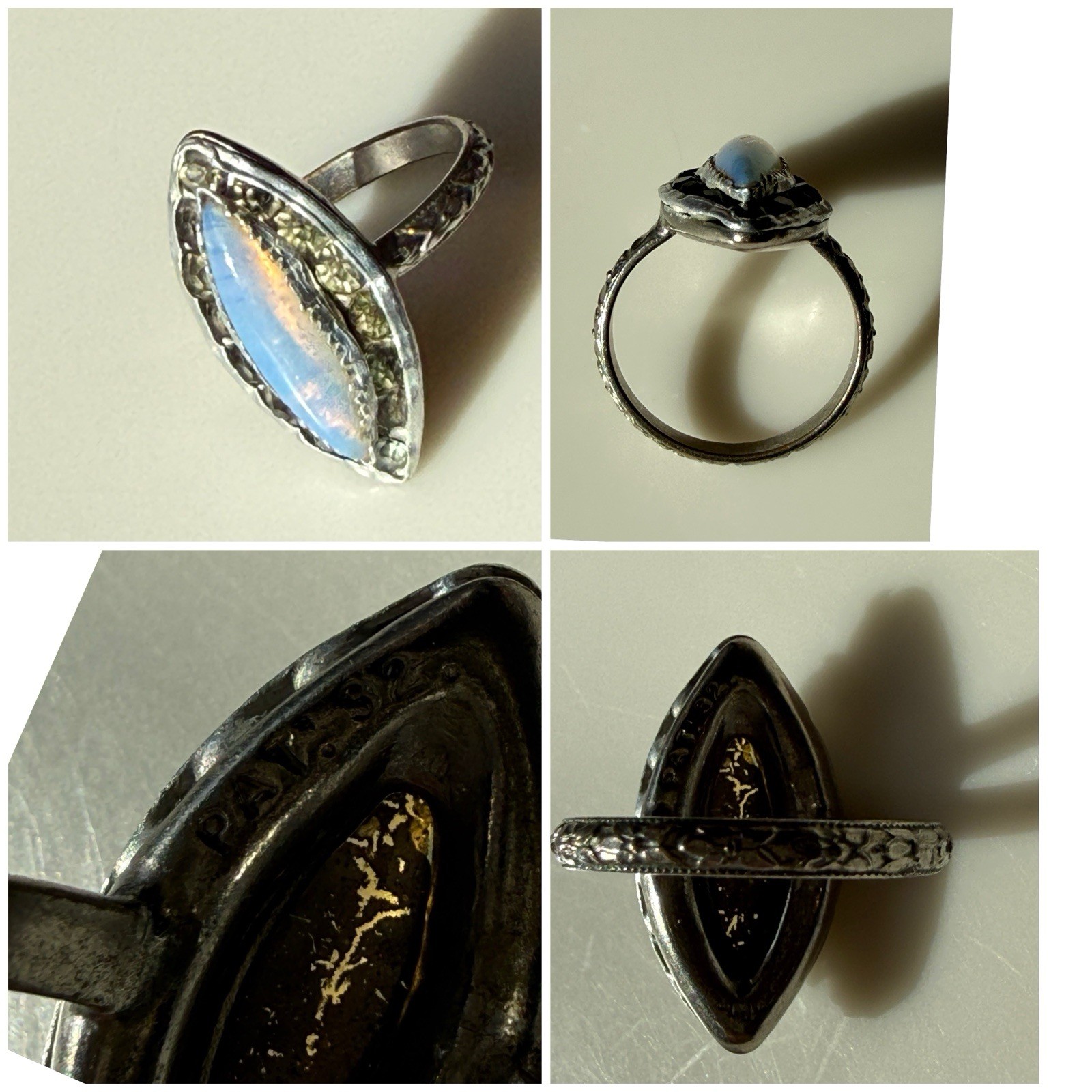 1932 PAT. ART DECO filigree ring / engraved band / faux moonstone paste stones