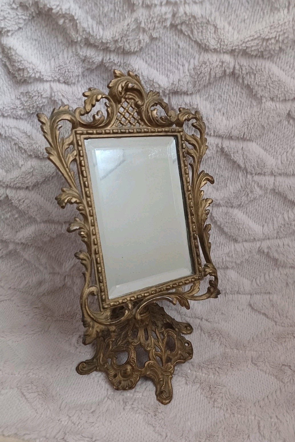 Antique Cast Metal Gold Tone Art Nouveau Stand Vanity Mirror Ornate Frame