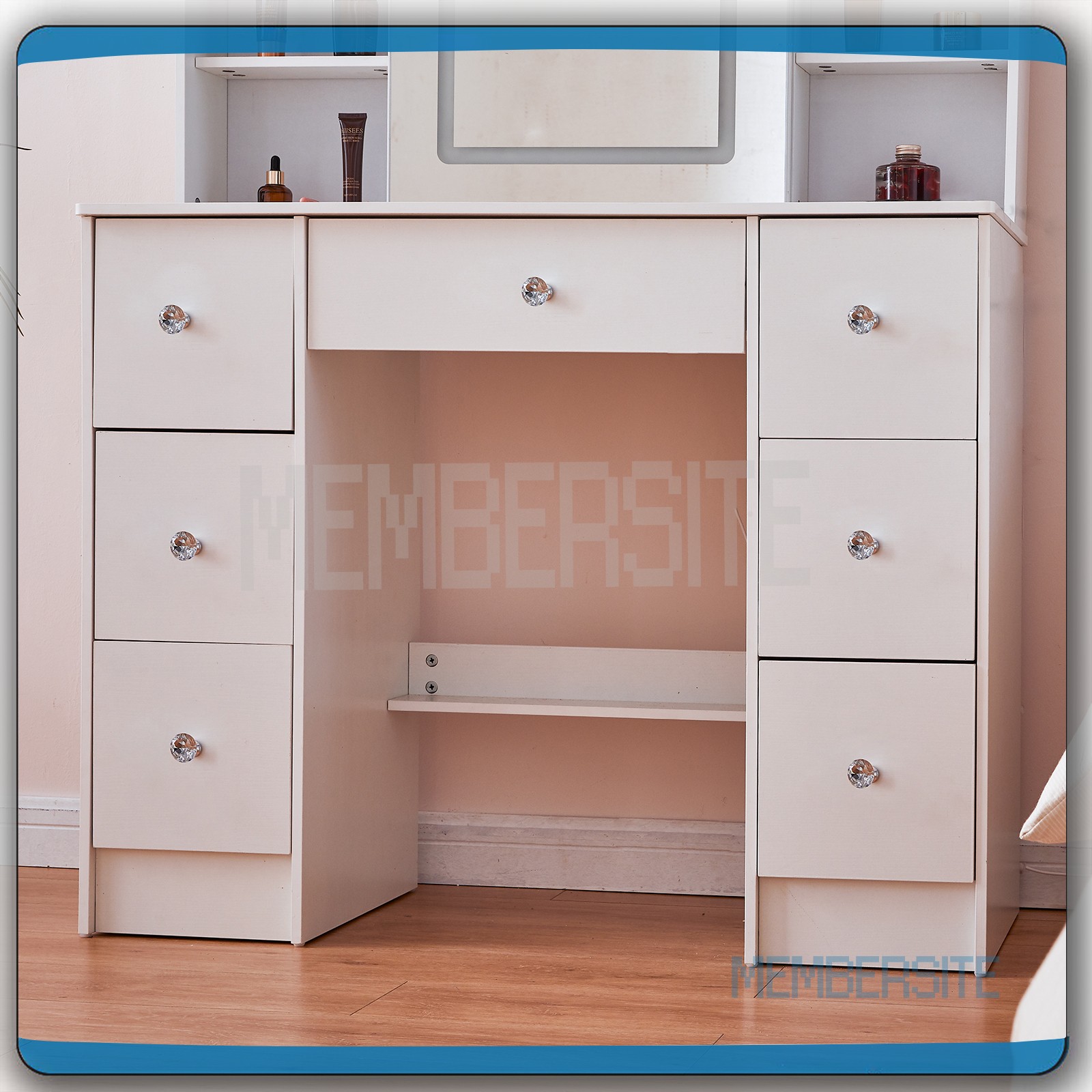 Vanity Table with Smart LED Sliding Mirror Makeup Vanity w/ 7 Drawers 9 Shelves