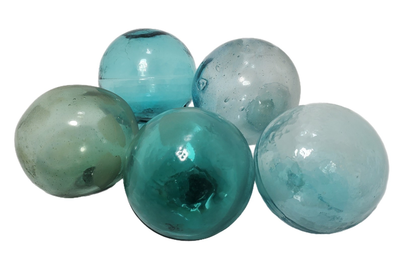 (5) Vtg Japanese Glass Fishing Floats Buoy Balls All Marked 3½” Blue Green Lot