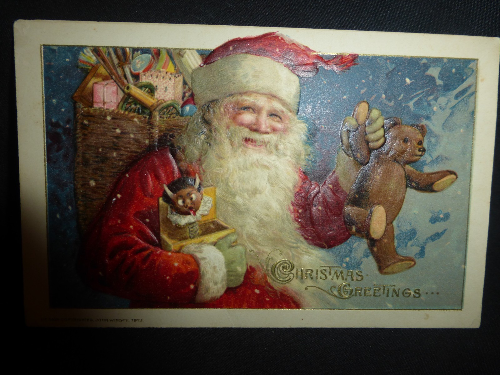 RARE-HTF SANTA–LITTLE KRAMPUS IN BOX-SANTA POSTCARD& TEDDY BEAR–ALL-(3)