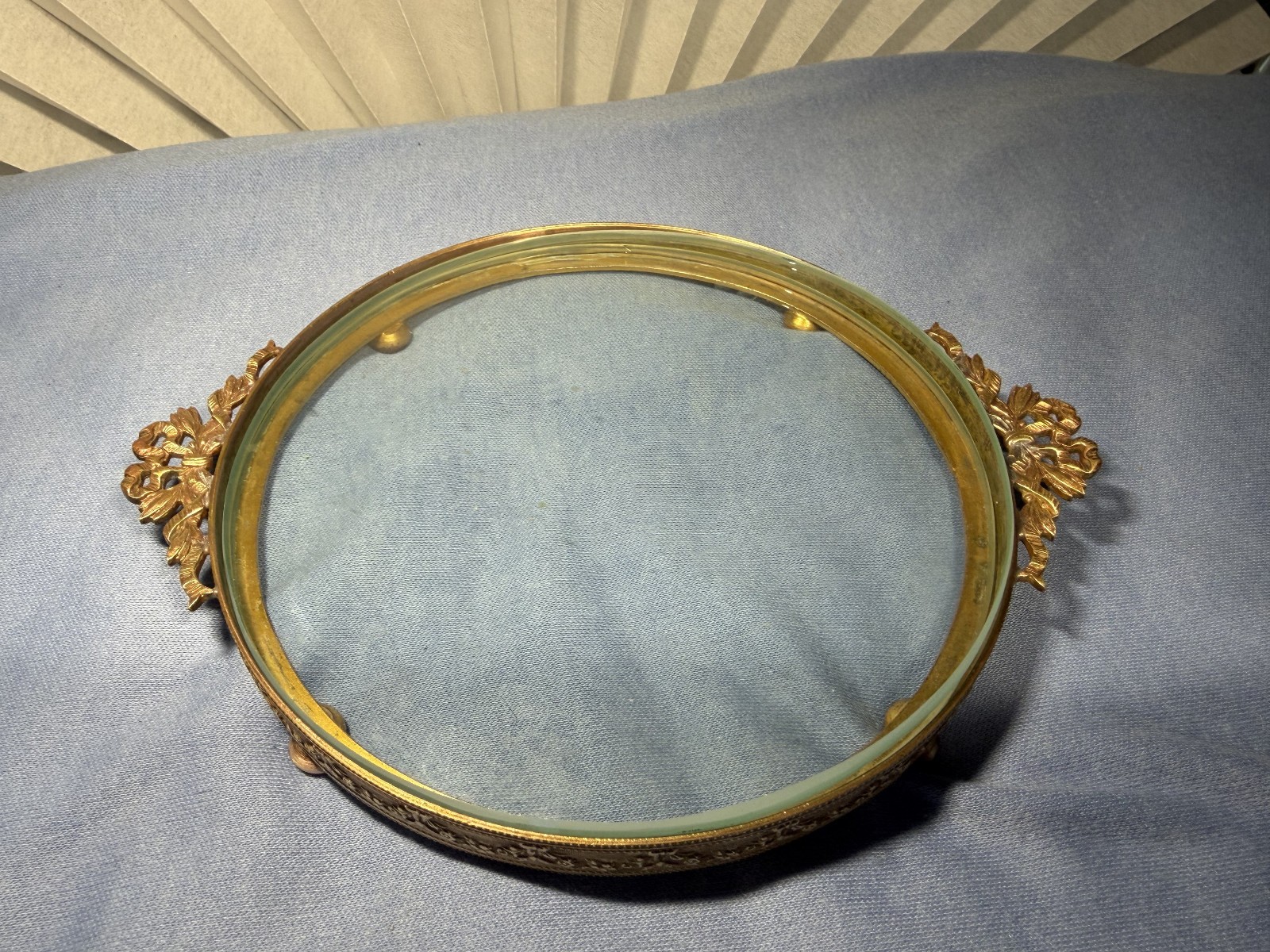 ANTIQUE TRAY HOLDS PHOTO/ ITEM 5 3/4″ + RIBBON HANDLES-TWO THICK PIECES OF GLASS
