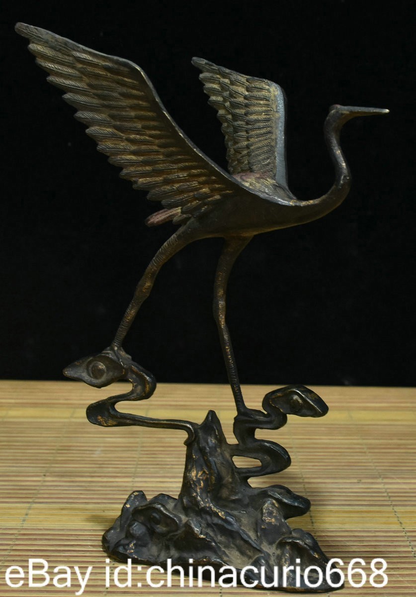 10.4″ Old China Copper Carving Feng Shui Crane longevity Lucky Statue