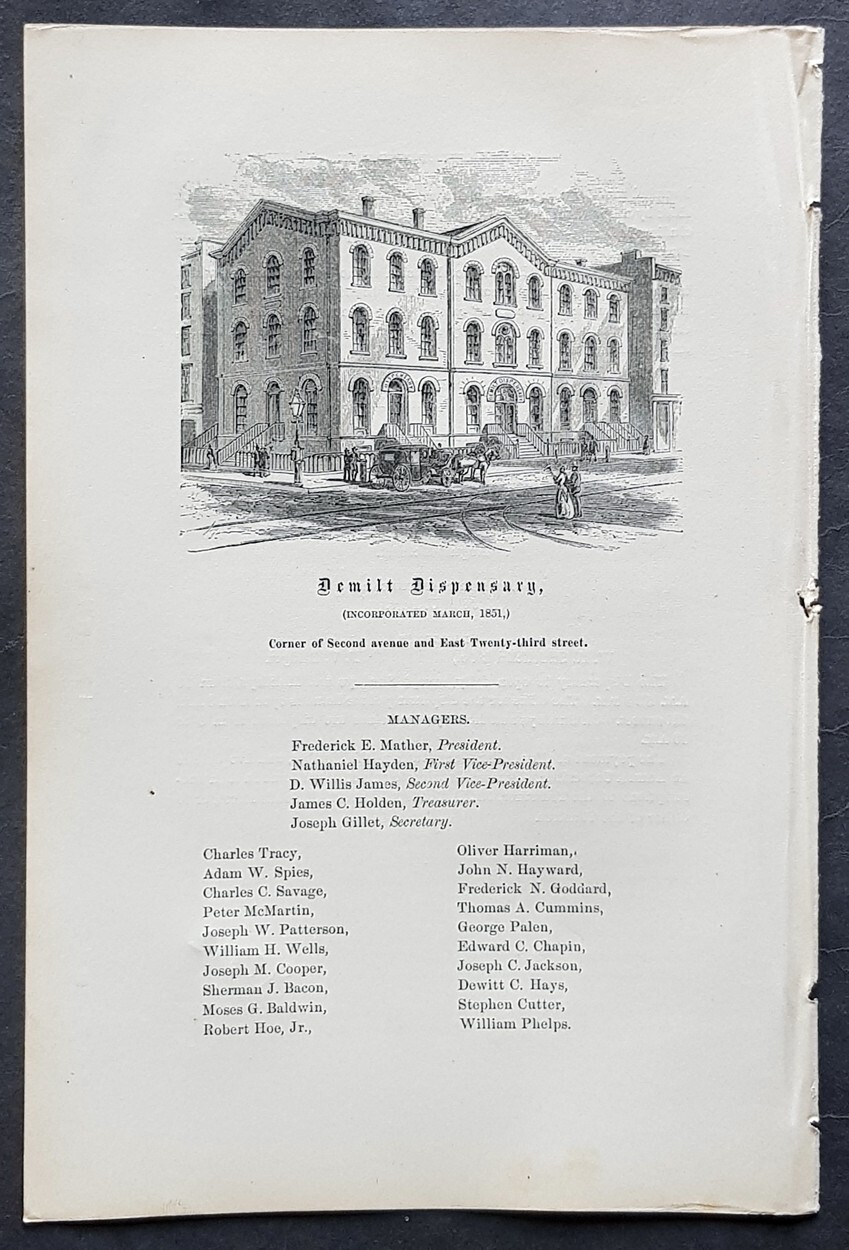1869 Valentine Antique Print Demilt Dispensary, 2nd Ave & 23rd St, New York City