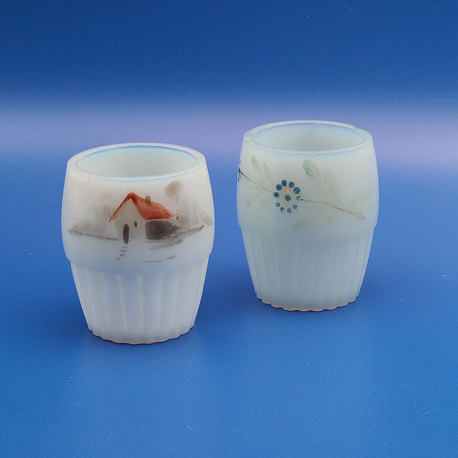 2 Victorian Hand Painted Ribbed Base Milk Glass Toothpick Holders FREE SHIPPING