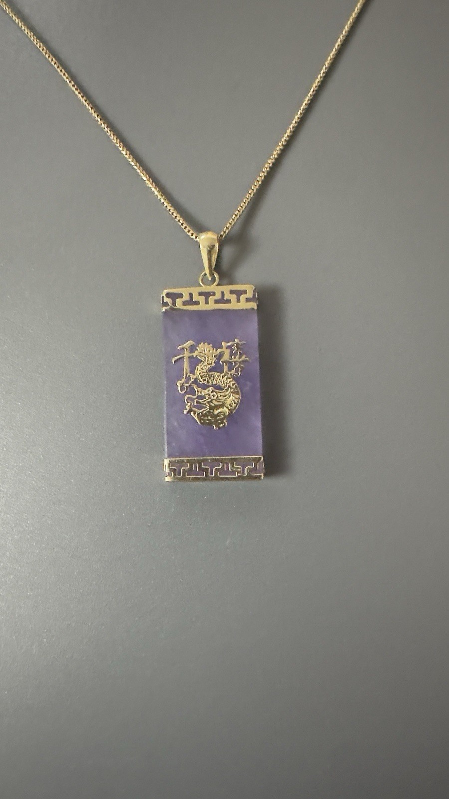 14k Solid Yellow Gold Natural Lavender Jade Chinese Dragon Pendant