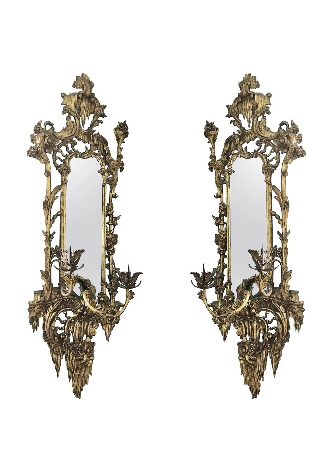 Antique Pair of Rococo Gilt Bronze Mirrored Wall Sconces – Louis XV Style