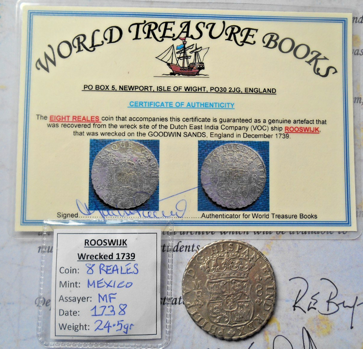 SHIPWRECK treasure PILLAR DOLLAR coin ROOSWIJK wreck 1738 SILVER 8 REALE COA voc