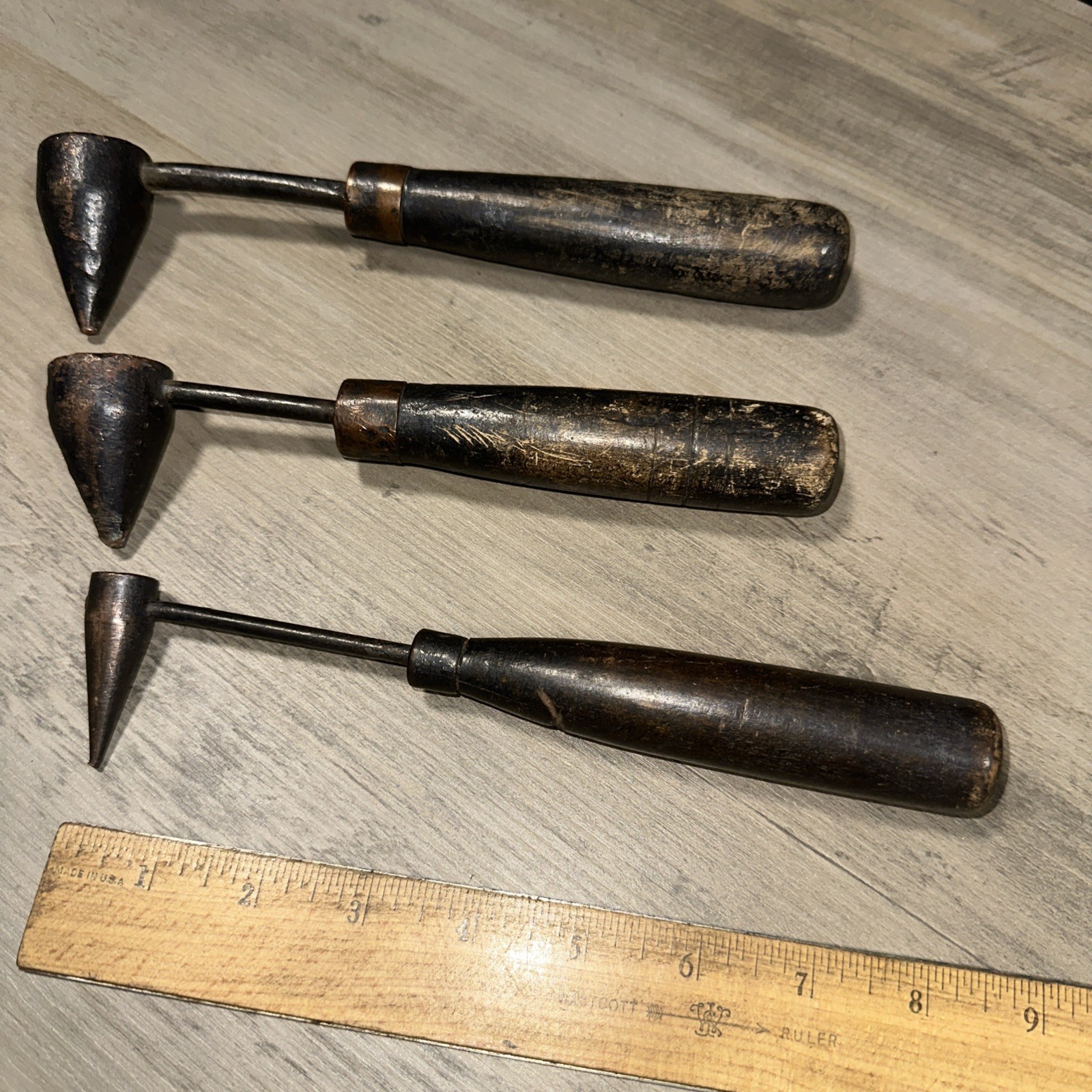 3 Unknown Antique Copper Tools With Wood Handles. Coppersmith Tools?