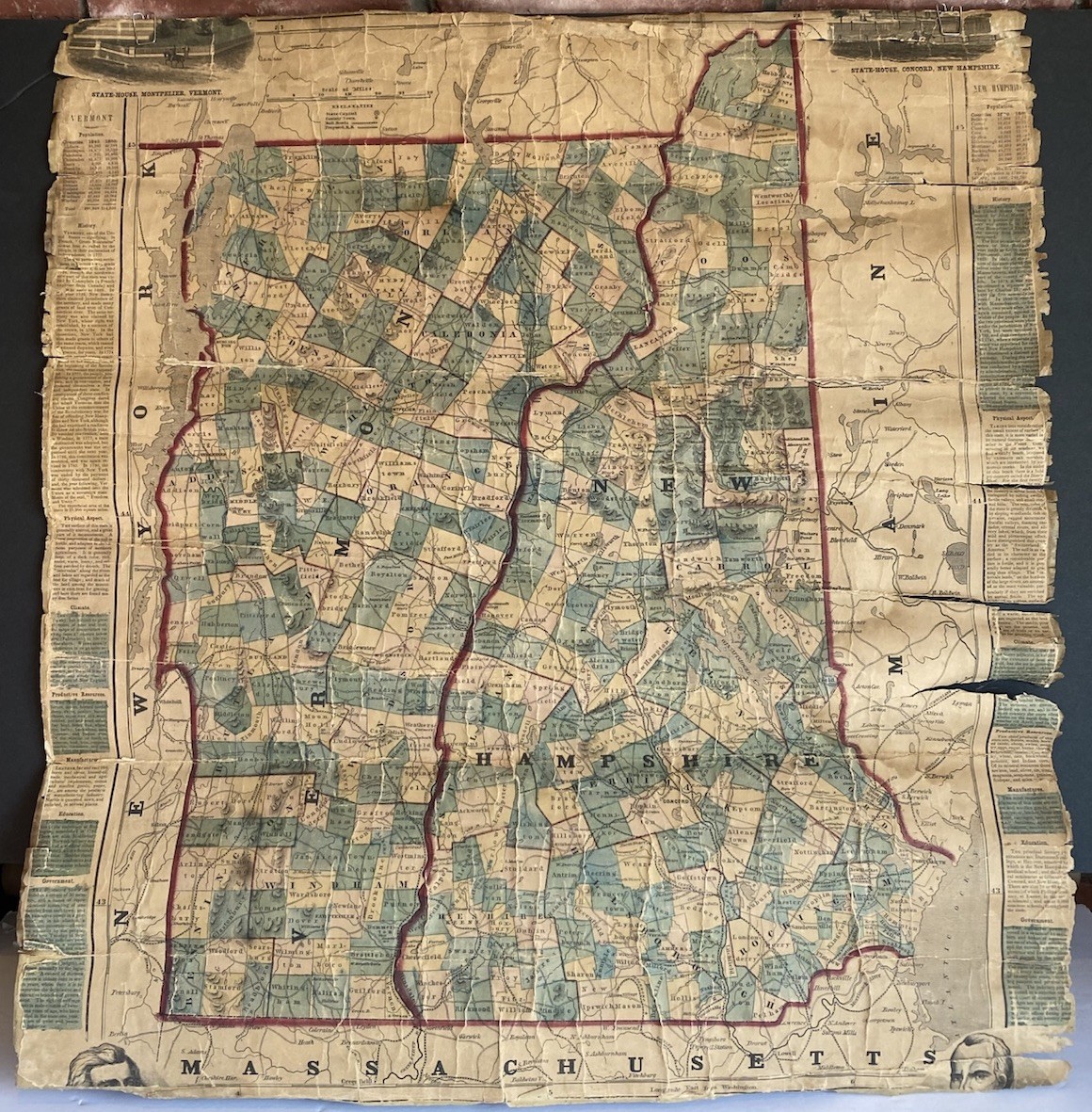 Antique 1850s Vermont & New Hampshire Wall Map w/ Stats Border – Large, Fragile